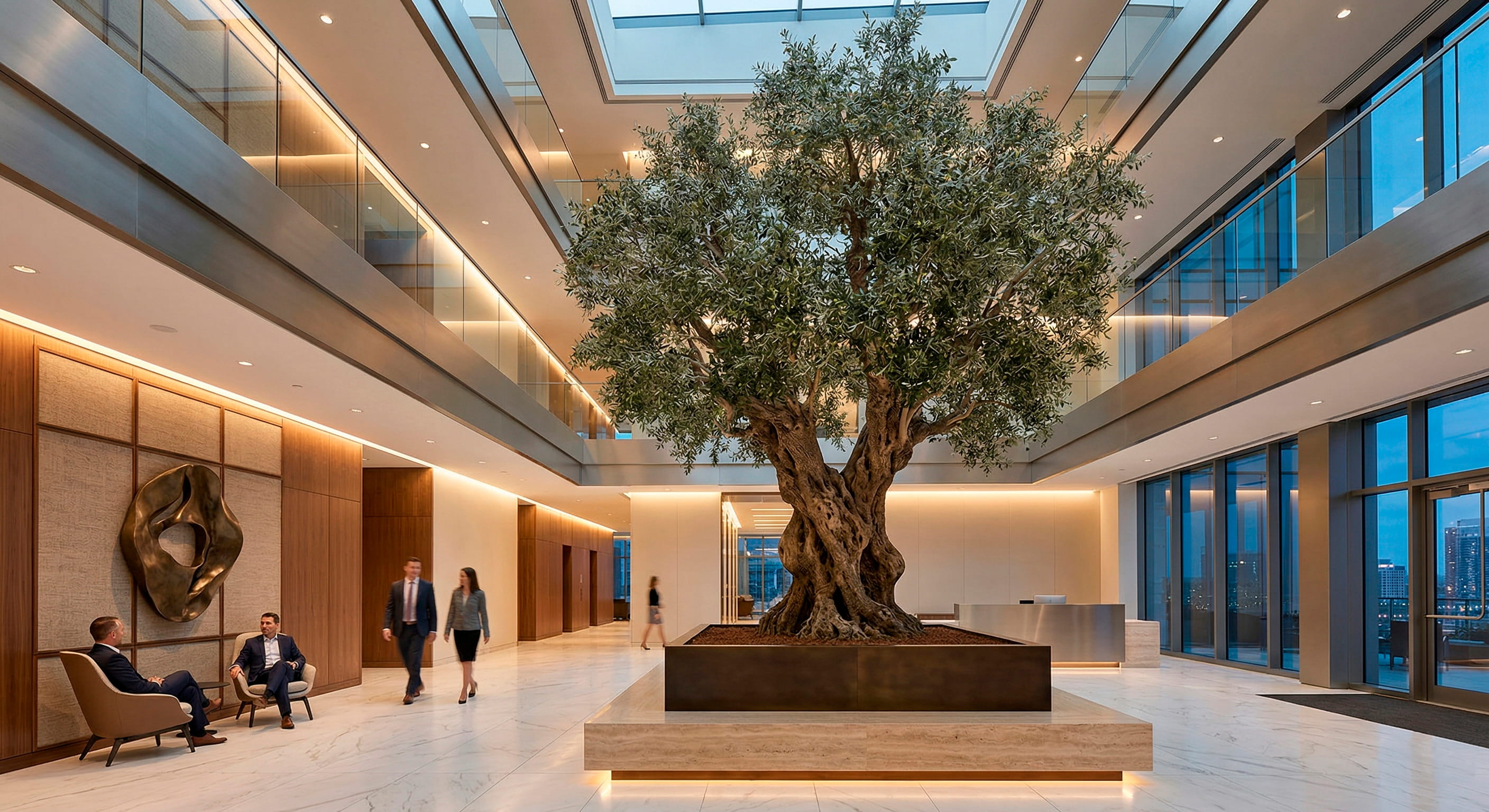 Monumental olive tree in corporate atrium in Zurich