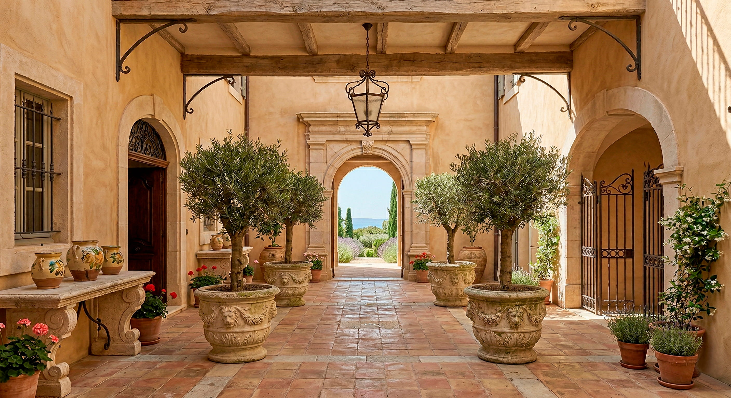 Olive trees in antique stone planters in Provence courtyard